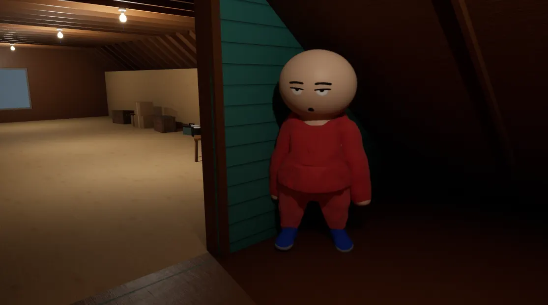 In-game screenshot: a bald character in a red hoodie stands in the corner of a dim attic.
