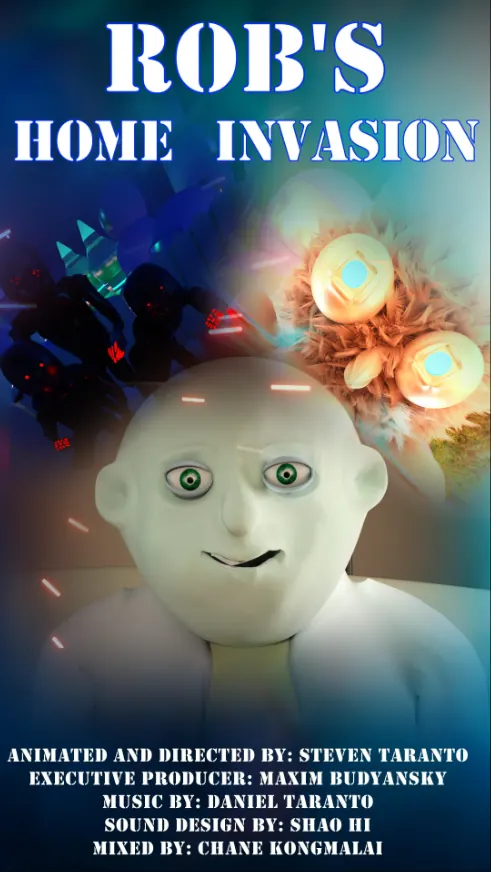 Poster for ROB's Home Invasion: Rob, a pale alien, in front of shadowy red-eyed robots and a glowing creature.
