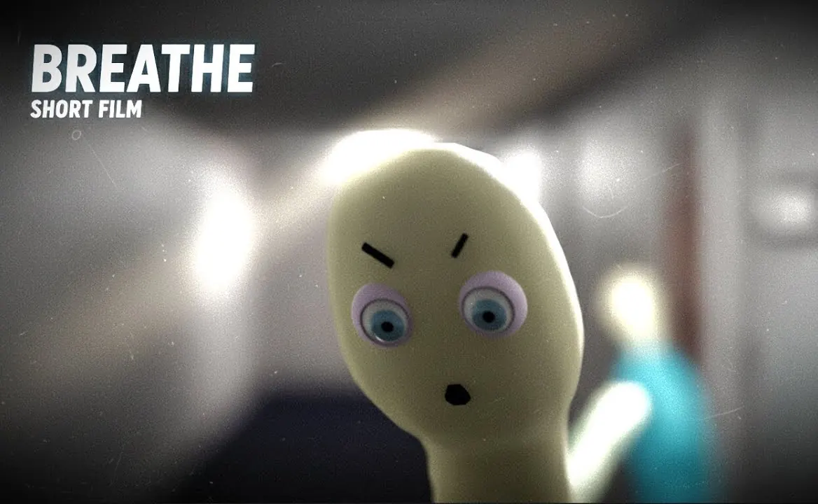 A startled, pale character with wide blue eyes in a blurry, sunlit hallway.