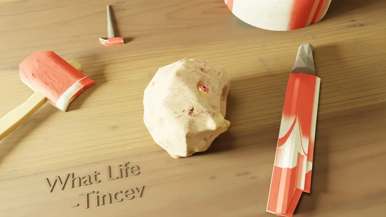 A lumpy, one-eyed head sits on a wooden table between a hammer, an axe and a knife.